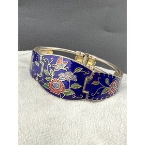 Vintage Cloisonne Bangle Bracelet Silver Tone Flower Enamel Blue Clamper‎ 6"